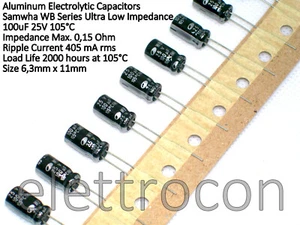 5 pezzi 100uF 25V 105°C Condensatori Ultra Basa Impedenza per PC e Commutazione - Imagen 1 de 2