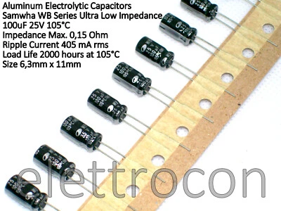 5 pezzi 100uF 25V 105°C Condensatori Ultra Basa Impedenza per PC e Commutazione - Immagine 1 di 2