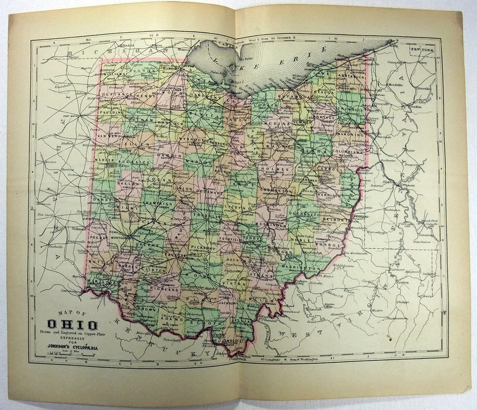 Ohio - Mapa original de placa de cobre de 1895 de A. J. Johnson. Raro... Antiguo Foto 1 de 3