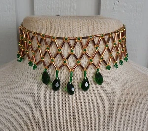 Netted Weave Beaded Adjustable Choker Necklace with Drop Beads Brown Topaz Green - Picture 1 of 8