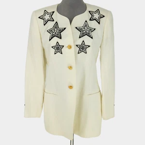 Escada Jacket Womens 38 EU 8 US White Linen Embroidered Beads Lined Vintage - Picture 1 of 16