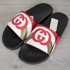 GUCCI 290$ Men's Slide Sandals In White Striped Rubber With Red GG Logo