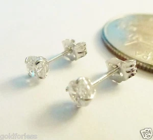 14kt White Gold 4MM Cubic Zirconia Basket Set Earrings 14k Backs - FREE SHIPPING - Picture 1 of 3