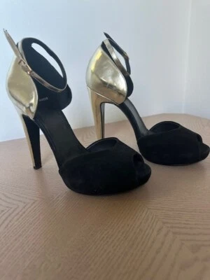 Pierre Hardy Black Suede and Gold Leather Ankle Cuff Sandal Pumps, Size 37 - Image 1 of 4