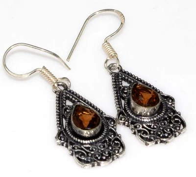 Pendientes hechos a mano de topacio ahumado enchapados en plata 925 1,6" joyería de San Valentín GW Foto 1 de 3