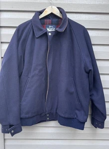 Men's Vtg WOOLRICH Navy Red Plaid Lined Wool Zip Up Bomber Jacket Coat Size L - Picture 1 of 13