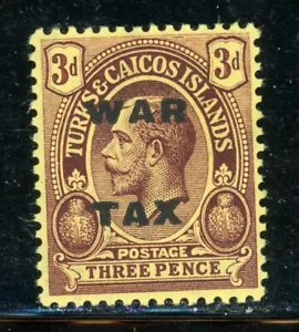 TURKS & CAICOS ISLANDS MR8 SG147 MH 1918 3p KGV "War Tax" CV$8 - Picture 1 of 2