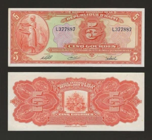 HAITI 5 Gourdes 1951-1964, P-180a, Original AU, Scarce, Telemaque/Andre/Vaval. - Picture 1 of 1