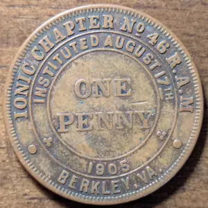 Est. 1905 Berkley, Virginia VA capítulo iónico no. Ficha masónica de 46 monedas de un centavo - Imagen 1 de 4