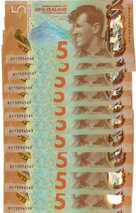 New Zealand 10x 5 Dollars 2015 UNC "Wheeler" - Picture 1 of 2
