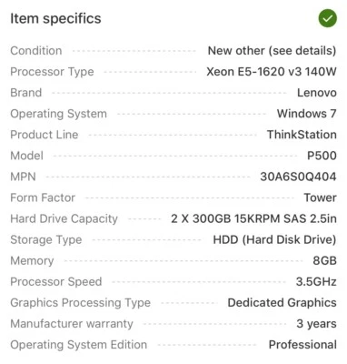 LENOVO ThinkStation P500 E5-1620V3 8GB 2X300 GB SAS K620 W7 30A6S0Q404 - Image 1 of 4