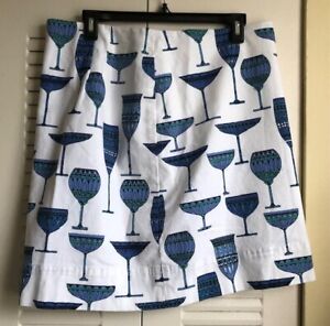 Talbots 16P Blue & White Midi A-Line Wine Martini Glasses Skirt ~EUC~