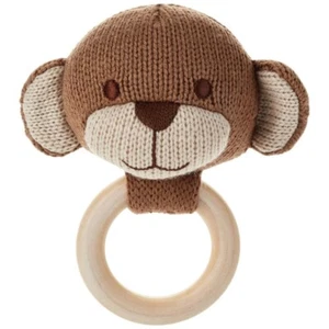 Hallmark Plush Knitted Monkey Wooden Ring Rattle - NEW - Picture 1 of 2
