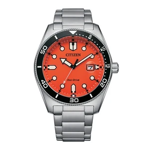 Citizen Men's Eco-Drive Silver Date Indicator Orange Dial Watch 43 MM AW1760-81X - Picture 1 of 4