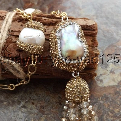 22" Freshwater Cultured White Keshi Pearl Chain Crystal Pendant Necklace - Image 1 of 4