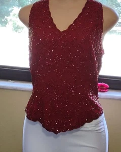 Camicetta vintage Laurence Kazar donna L con perline slik collo alto supporto chocker top - Foto 1 di 11