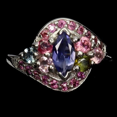 Anillo de plata de ley 925 marquesa iolita turmalina piedras preciosas joyería tamaño 7,5 Foto 1 de 4
