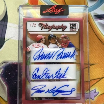 2023 Leaf Pro Set Triography Johnny Bench Carlton Fisk Ivan Rodriguez Auto 1/2 - Image 1 of 4