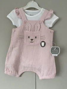Pretty Pink Muslin Short Romper Bunny Embroidery White Body Top Age 0-3 Months - Picture 1 of 24