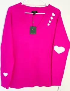 $179 NWT Charter Club 100% Cashmere Small Heart Embroidered Vneck Sweater, Pink - Picture 1 of 7