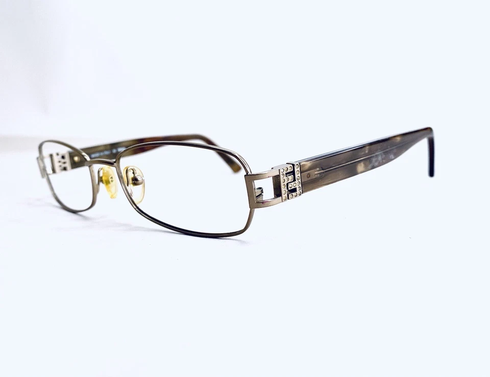 Fendi Gold Rectangular Eyeglasses Amber Studded Temples Italy F782R 54 17 135 - Image 1 of 4
