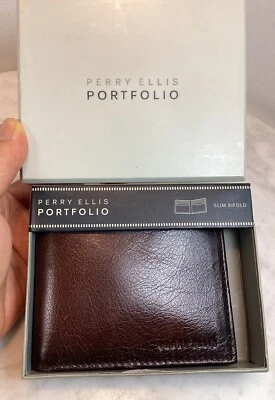 Cartera PERRY ELLIS Portfolio Cuero Marrón Delgada Doble Plegable Nueva Foto 1 de 4