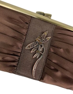 Vintage Brown Lapis Dragonfly Gem Satin Clutch Crossbody Chain Handbag - Picture 1 of 11