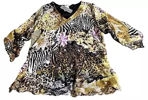 Signature JMB Blouse Sage Animal Print Lined V Neck 3/4in Sleeve Women's 2XL - Picture 1 of 12