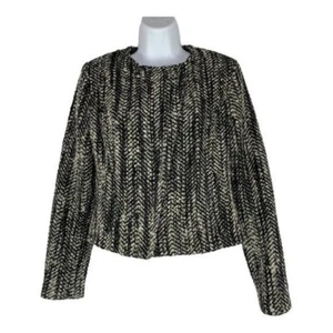 Cabi Black & White Herringbone Tweed Cropped Jacket Size 4 With Zipper Detail - Picture 1 of 8