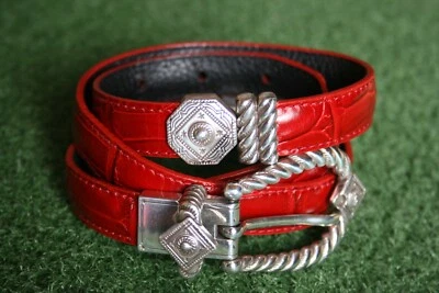 Cinturón Concho Vintage Reversible Estampado de Cocodrilo Rojo y Cuero Guijarro Negro Talla 28-30 Foto 1 de 4