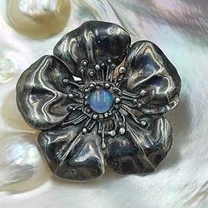 Broche Flor Rosa Mosqueta Plata Esterlina 925 Vintage Plata Ennegrecida Ópalo Europa, - Imagen 1 de 8