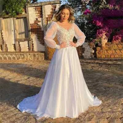 Exquisite A-Line Wedding Dresses V-Neck Long Sleeved Lace Appliques Bridal Gowns - Image 1 of 4