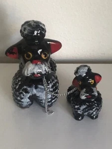Vintage Redware Ton große schwarze Pudel Mutter mit Welpe an Kette Japan - Bild 1 von 5