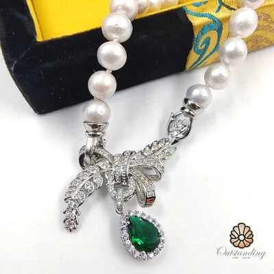 Genuine 8mm White Natural Sea Pearl Necklace 9ct White Gold Wt Emerald & Crystal - Image 1 of 4