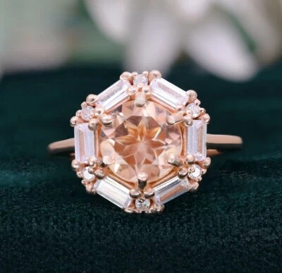 Delicado anillo de compromiso único enchapado en oro rosa de 14 quilates de plata 925 de morganita redonda Foto 1 de 4