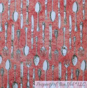 BonEful FABRIC FQ Cotton Quilt Red Victorian Kitchen Table Ware Spoon Knife Fork - Picture 1 of 12