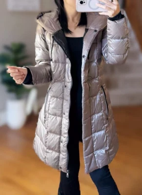 DKNY Womens Down Long Puffer Coat Beige Sz XS Glossy Hooded Zipped Pockets - Image 1 of 4