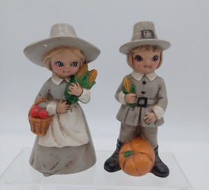 Vtg Hand Painted Ceramic Mold Boy & Girl Pilgrim Thanksgiving 7” Figurines AV