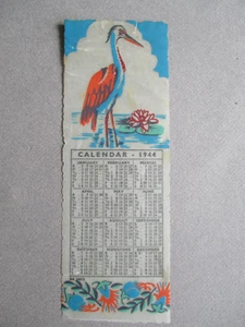 Vintage Bookmark Calendar 1944 WARTIME WW2 Crane Bird Waterlily Parchment - Foto 1 di 3