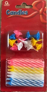 24 CANDYSTRIPE CAKE CANDLES 12 HOLDERS PARTY BIRTHDAY OCCASION FREE P&P 7cm - Picture 1 of 2