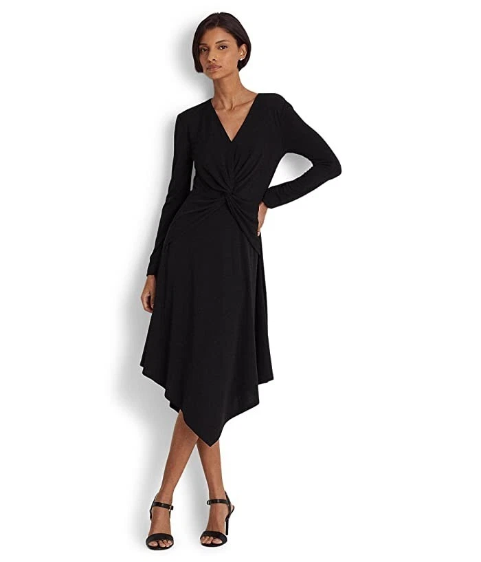LAUREN RALPH LAUREN BLACK JERSEY FIT AND FLATE MIDI DRESS SIZE 14