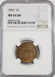 1865 2 cent Piece | NGC MS 64 BN | Copper 2 cent Coin, Two Cent | Philadelphia - Picture 1 of 3