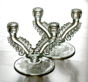 2x PADEN CITY GLASS crystal clear NERVA two-light CANDLESTICKS 1930s ELEGANT - Picture 1 of 4
