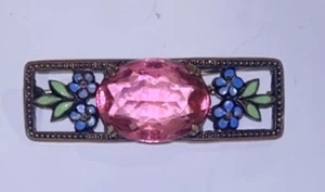 VTG CZECH FACETED Open Back PINK CUT CRYSTAL and Floral ENAMEL BROOCH C Clasp - Picture 1 of 8