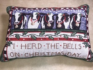 Vtg Country Cow Christmas Throw Pillow Tapestry + Cottagecore 18 X 12 - Picture 1 of 8