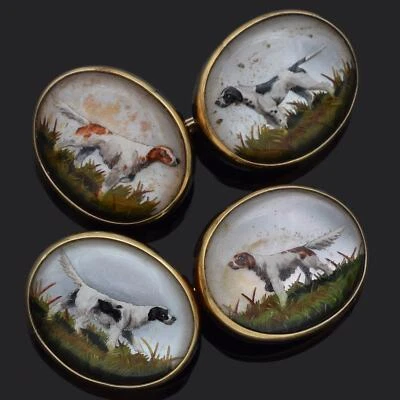 Gemelos J.E Caldwell oro amarillo 14K reverso cristal perro caza Foto 1 de 4