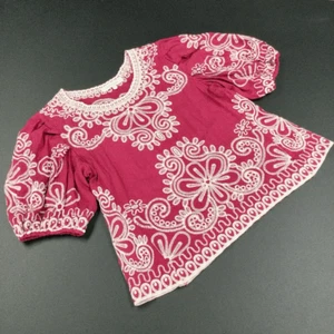 Solitaire Womens Pink White Floral Boho Embroidered Puffed Sleeve Top Size Small - Picture 1 of 10