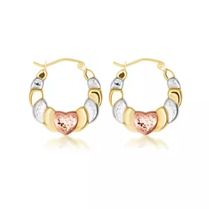 14K Tri Color Gold Heart Hoop Earrings - Picture 1 of 3
