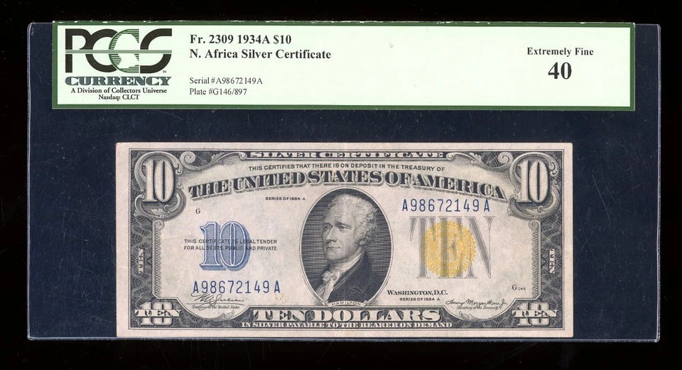 DBR 1934-A $10 North Africa Silver Fr. 2309 PCGS XF-40 Serial A98672149A - Image 1 of 2