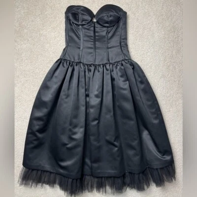 Faviana Cocktail Dress Strapless Corset Black Satin Tulle Hem 90s Style Size 3/4 - Image 1 of 4